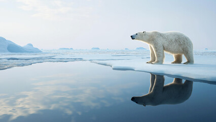 A polar bear standing on ice in the Arctic Ocean, with its reflection visible in the water below.