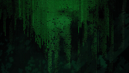 Dark green background with small dark spots, glitch effect.