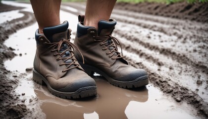 Person feet in trekking shoes walking swamp mud.