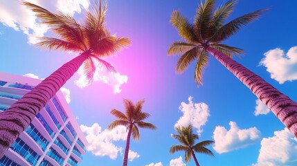 Fototapeta premium Retro-Inspired Miami Beach: A Hyper-Realistic Vintage Poster Style Rendering of Palm Trees and Skyline