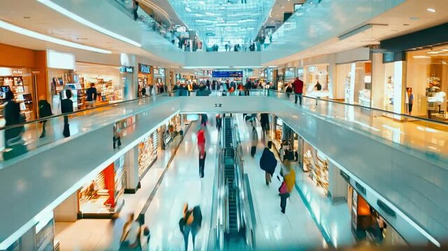 A bustling shopping mall filled with people, showcasing multiple levels and escalators. Shoppers explore various stores, enjoying their weekend outing.