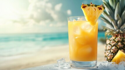 Soft pineapple juice in a tall glass with ice cubes and a pineapple slice garnish on a tropical beach background.