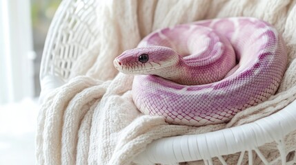 Fototapeta premium Soft snake plush in pink and purple shades coiled on a white wicker chair with a cozy blanket.