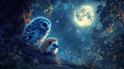A little blue owl and a hedgehog sitting next to eachother in a lummy forest watching a star filled sky and a full moon a warm evening. Hyperrealistic. Detailed.