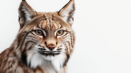 Obraz premium A detailed and realistic close up of a lynx, showcasing its piercing eyes and thick, spotted fur. The lynx is positioned in front of a pure white backdrop, with bright, even
