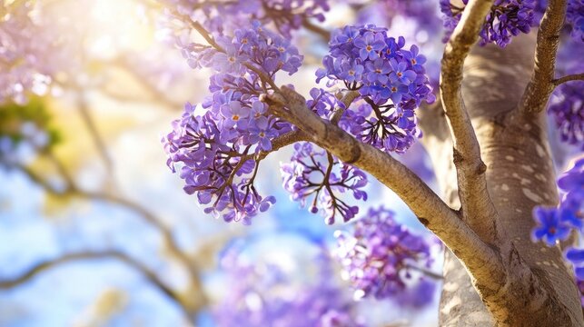 Vibrant, flowering jacaranda tree with purple blossoms under a clear sky, creating a colorful and cheerful spring scene.