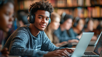 Smiling student using laptop and headphones in a library setting