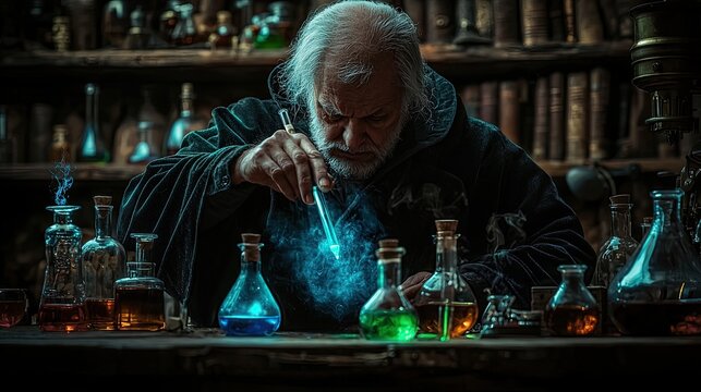 A mysterious alchemist in a dark robe carefully mixing colorful liquids in a glass vial.