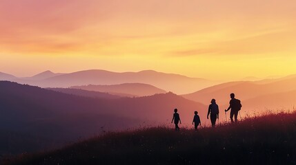 Fototapeta premium A family of four enjoys a picturesque sunset hike in the mountains, silhouetted against a stunning gradient sky. Perfect for travel and adventure themes.