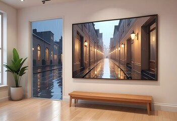 A framed poster with an Urban landscapes displayed on a wall in a hallway, with two wooden benches in the foreground, nature, industrial, sidewalk, snow, concept, wallpaper, background, stylish, moder