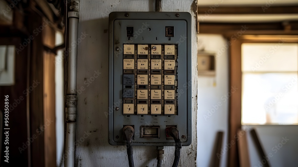 Poster close up detailed view of a fuse box with labeled circuit breakers in a home electrical system the f