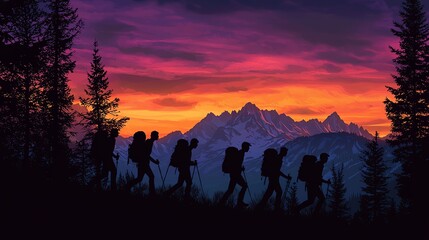 Fototapeta premium Group of hikers silhouetted against a vibrant sunset with mountain range in the background.