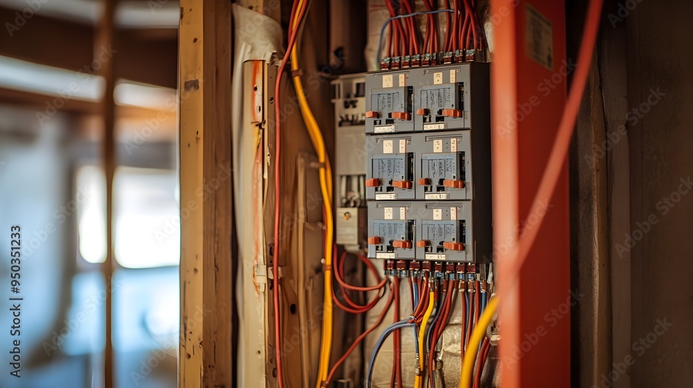 Poster close up view of an electrical panel with various wires and cables connected inside a utility room o