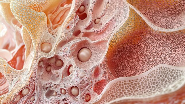 An intricate anatomical illustration of breast tissue layers including lobules ducts and lymph nodes rendered in realistic detail on a plain background for educational and medical reference