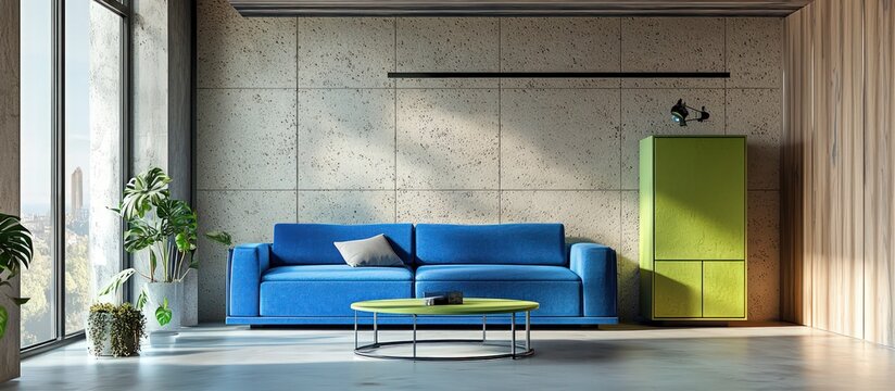 Modern interior with cobalt sofa, limestone walls, and an ironwood ceiling.