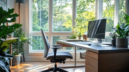 A professional interior photo of a modern home office setup with a sleek desk ergonomic chair and large windows allowing natural light to flood the room showcasing productivity and comfort