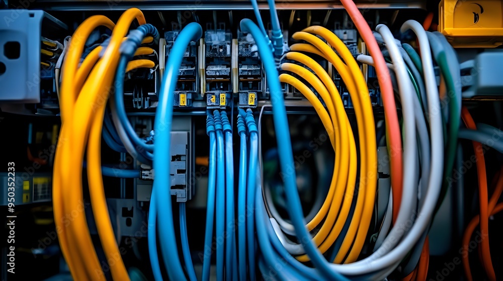 Aufkleber close up photograph showcasing the intricate network of wires and cables inside an electrical juncti