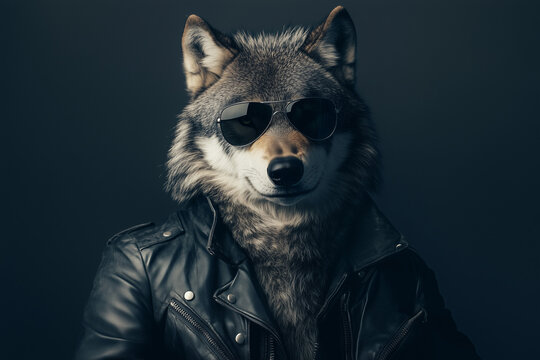  Wolf in a leather jacket and sunglasses, exuding coolness