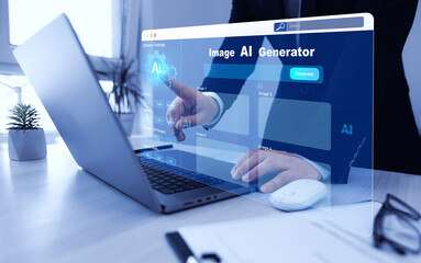 Artificial Intelligence Image Content Generator.AI image creation service technology.Person using...