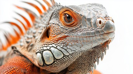 Fototapeta premium A detailed and realistic close up of an iguana, showcasing its intricate skin patterns and distinctive features. The iguana is positioned in front of a pure white backdrop, with