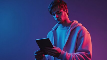 Young Man Using Tablet with Neon Lights