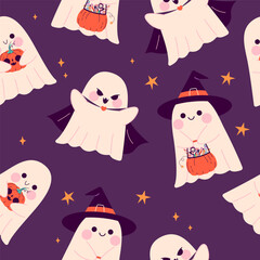 Seamless Halloween pattern with ghosts in costume and stars. Happy Halloween, Halloween for kids. Vector illustration in flat style	

