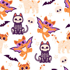 Seamless Halloween with cats in different costumes, mummy, ghosts, vampire, skeleton. Happy Halloween, Halloween for kids. Vector illustration in flat style
