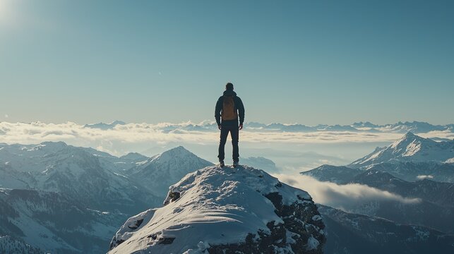 A shot from a documentary of a man standing on top of a mountain and gazing at the mesmerizing panorama below. Super detail, sharp details, 8K, Fujicolor C200
