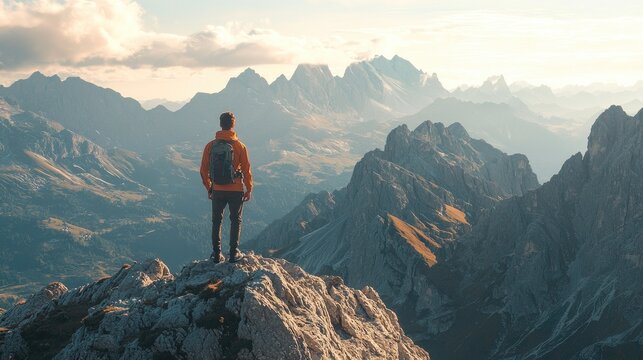 A shot from a documentary of a man standing on top of a mountain and gazing at the mesmerizing panorama below. Super detail, sharp details, 8K, Fujicolor C200