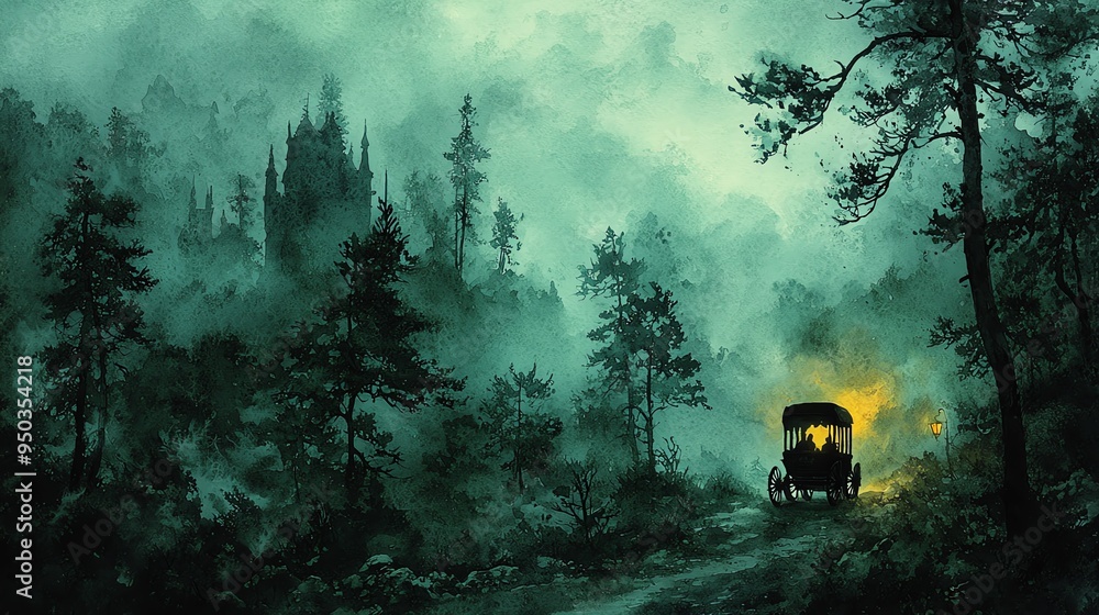 Poster a mysterious carriage illuminates the foggy forest, creating an enchanting atmosphere of intrigue an