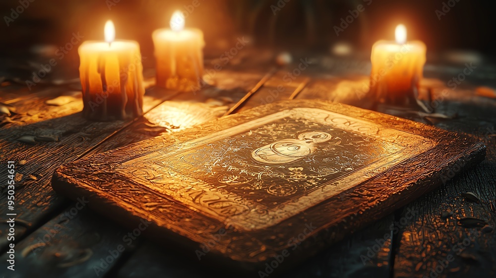 Poster a mystical book illuminated by candlelight, creating an enchanting atmosphere of magic and mystery.