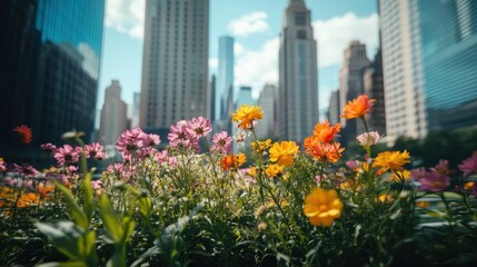 Close-Up of Flowers Blooming in an Urban Park with City Skyline in the Background