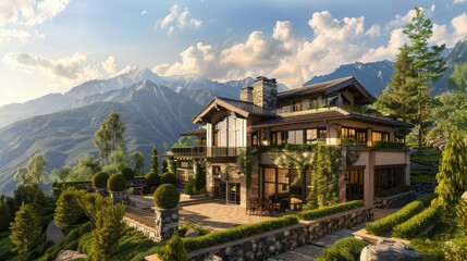 A luxury mountain villa with elegant landscaping, surrounded by lush greenery and offering serene mountain vistas.