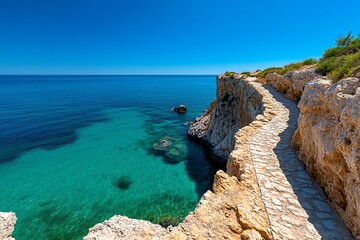 Fototapeta premium Forever Summer with a serene coastal walk, illustrated with a path winding along the edge of the ocean, leading to hidden coves and secret beaches