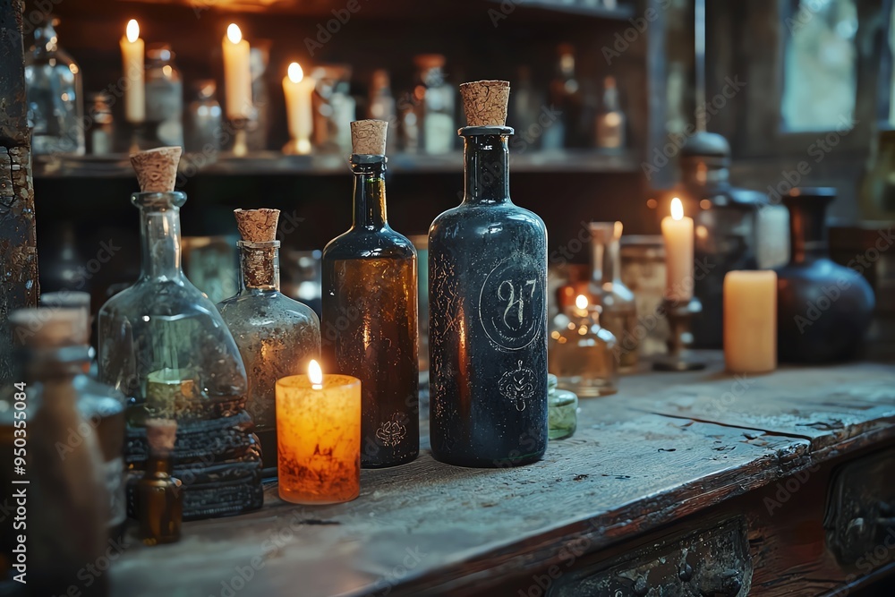 Aufkleber a rustic display of vintage bottles and candles, creating a mysterious atmosphere in an enchanting s
