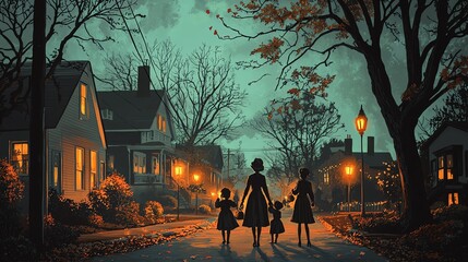 Naklejka premium A serene evening scene with a mother and daughters walking among warmly lit houses, surrounded by autumn leaves and shadows.