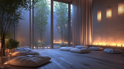 Serene Meditation Corner with Floor Cushions, Low Lighting, and a Peaceful Ambiance in Twilight Light