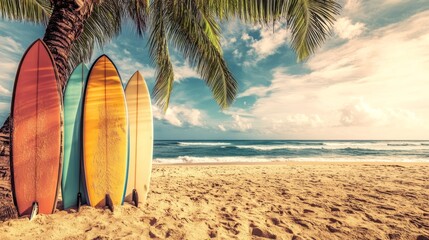 Tropical Beach Vacation Showcase with Surfboards, Palm Trees, and Essential Travel Gear. Ultimate Summer Holiday Experience.