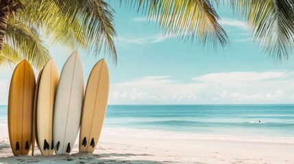 Tropical Beach Vacation Showcase with Surfboards, Palm Trees, and Essential Travel Gear. Ultimate Summer Holiday Experience.