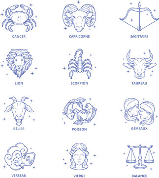Ic&ocirc;nes signes astrologiques, horoscope, astrologie. Illustration. Vecteurs	