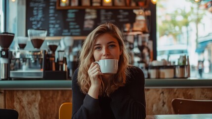 Woman Enjoying Coffee in Cafe