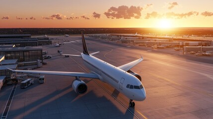 Airplane on Runway at Sunset with Terminal in Background