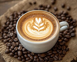 Cappuccino with Latte Art Surrounded by Coffee Beans