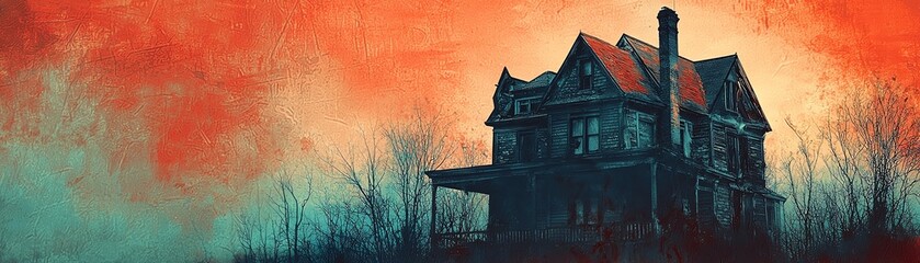 An eerie haunted house silhouette against a dramatic painted sky, evoking mystery and nostalgia for forgotten tales.