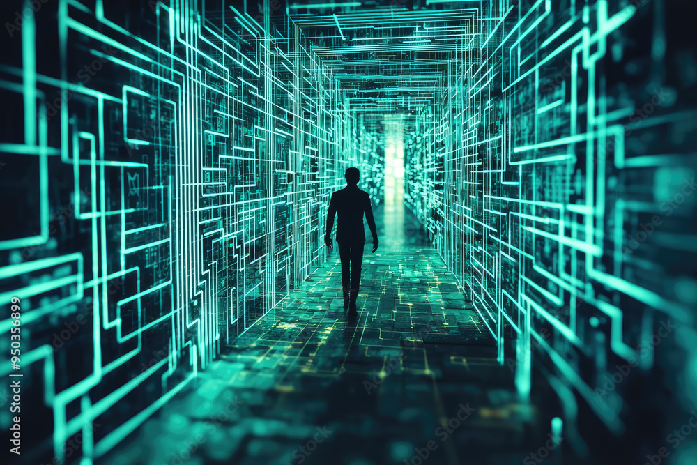 Poster a lone hacker navigates a futuristic cyber tunnel, illuminated by glowing lines in a vibrant digital