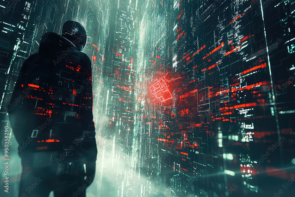 Poster a mysterious hacker navigates a glowing digital realm filled with vibrant code, embodying the intrig