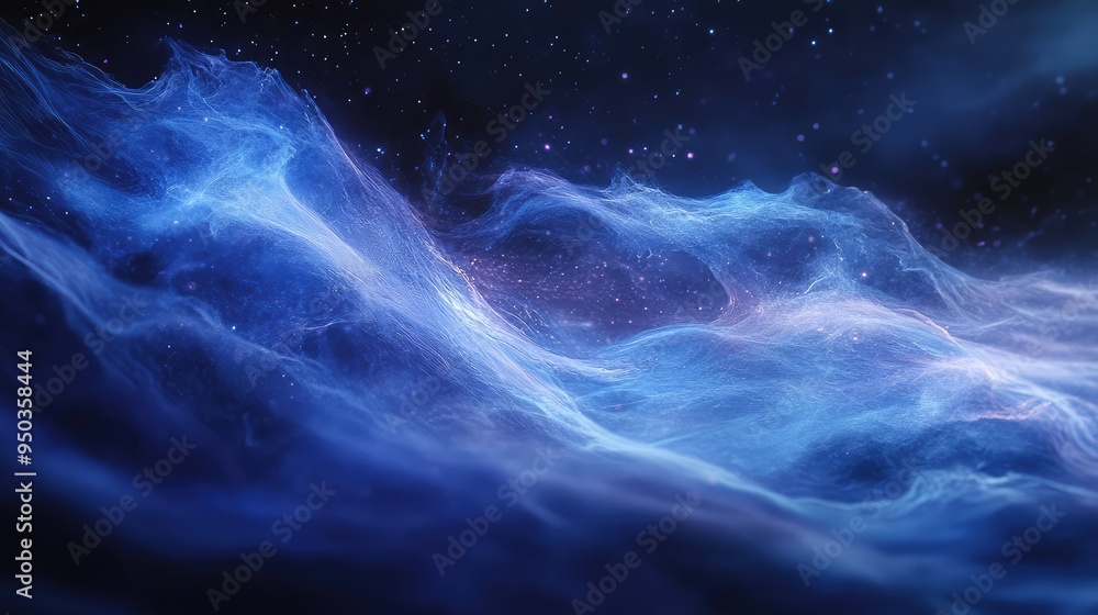 Poster whispers of the void: gentle cosmic fog and faint light trails in a dark void, creating an air of se