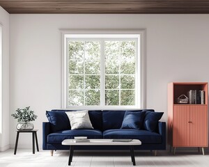 Interior with navy couch, white paint, dark ceiling, coral furniture.
