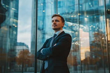 Fototapeta premium Portrait of a handsome young businessman standing by the window in office