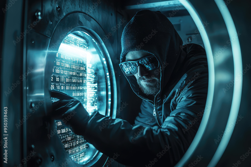 Poster a skilled hacker infiltrates a glowing digital vault in a high-tech setting, surrounded by cascading